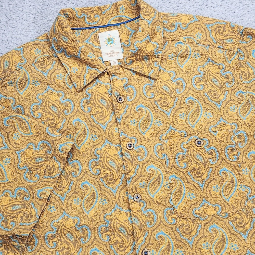 The Territory Ahead Shirt Mens Large Yellow Paisley S/S Button Up Cotton Casual